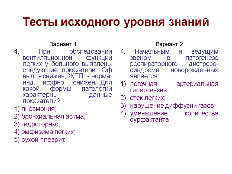 Тесты исходного уровня знаний Вариант 1 4. При обследовании вентиляционной функции легких у больного